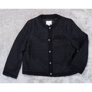 H&M Black Textured Weave Wool Blend Tweed Lined Collarless Jacket Womens Size L